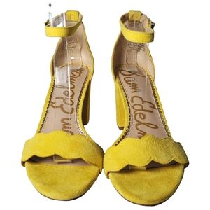 Sam Edelman Odila Suede Scallops Butter Yellow Sandal Block Heeles Size 7.5